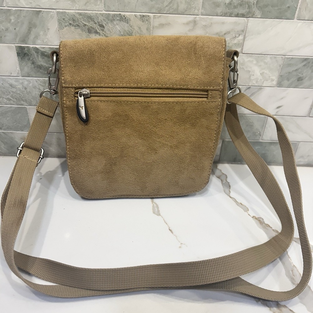 Travelon Small Tan Faux Suede Crossbody Multi Pocket Shoulder Bag